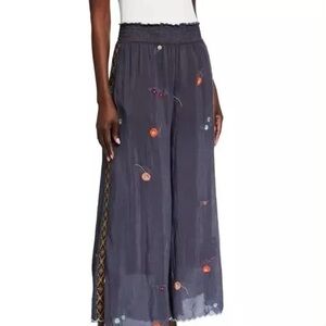 JOHNNY WAS Dale Gray Embroidered Wide Leg Pull on Pants
